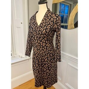 J.McLaughlin Catalina Cloth Leopard Print Dress Stretch Knit V-Neck 3/4 Sleeve